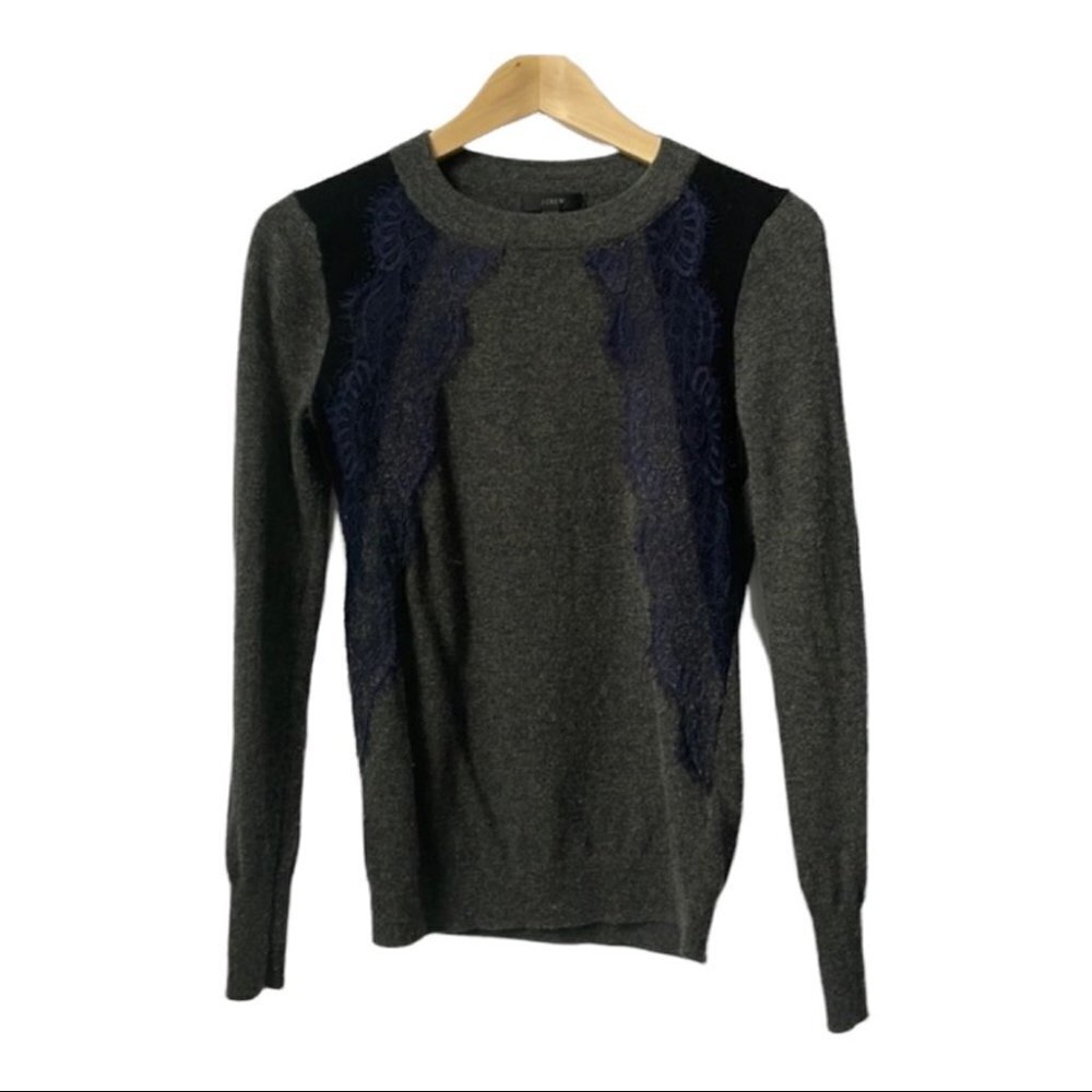 J Crew Crew Neck Wool Blend Sweater with Lace Detail